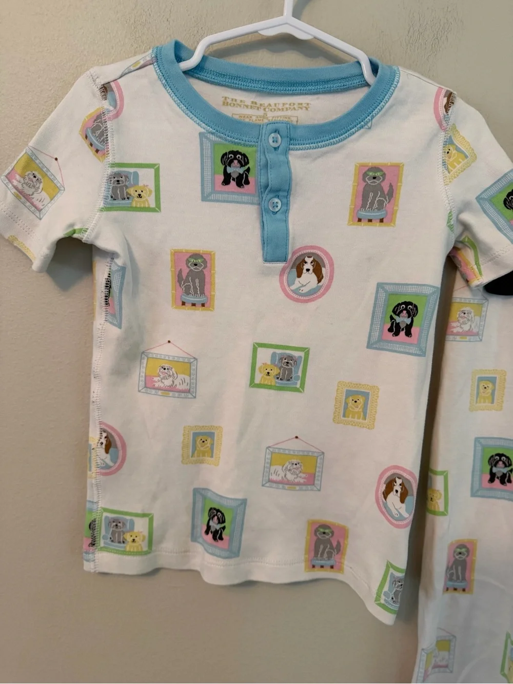 The Beaufort Bonnet Company White Puppy Print Pajama Set with Blue Trim